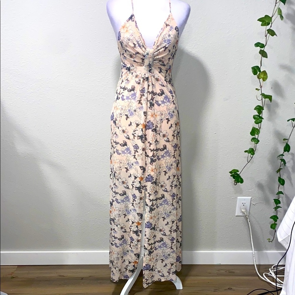 Romeo & Juliet Couture Cream Halter Sundress Maxi, Floral  Front Slit Size Small
